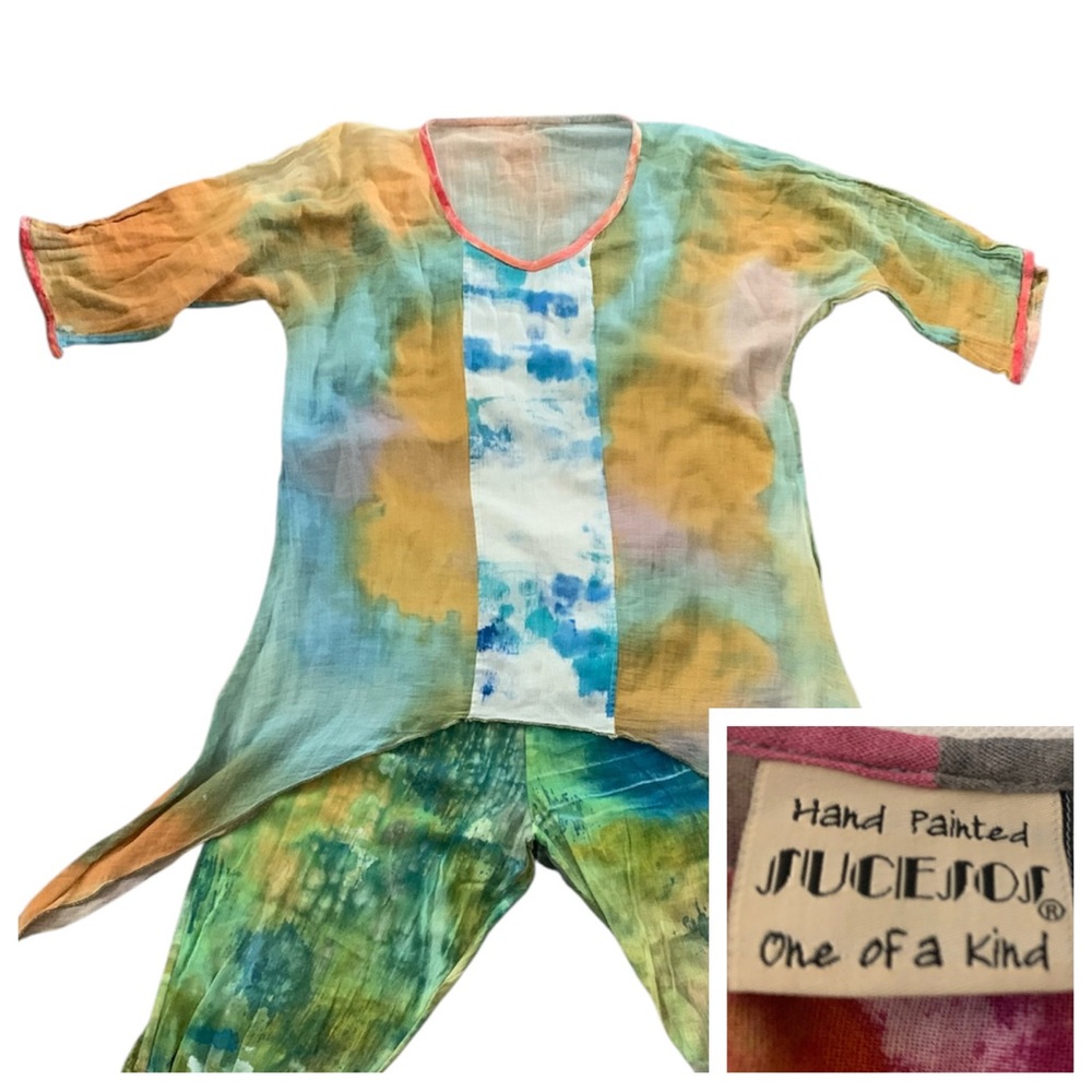Sucesos Handpainted Tunic Top Art To Wear 100% Cotton Gauze One Size Fit S - M